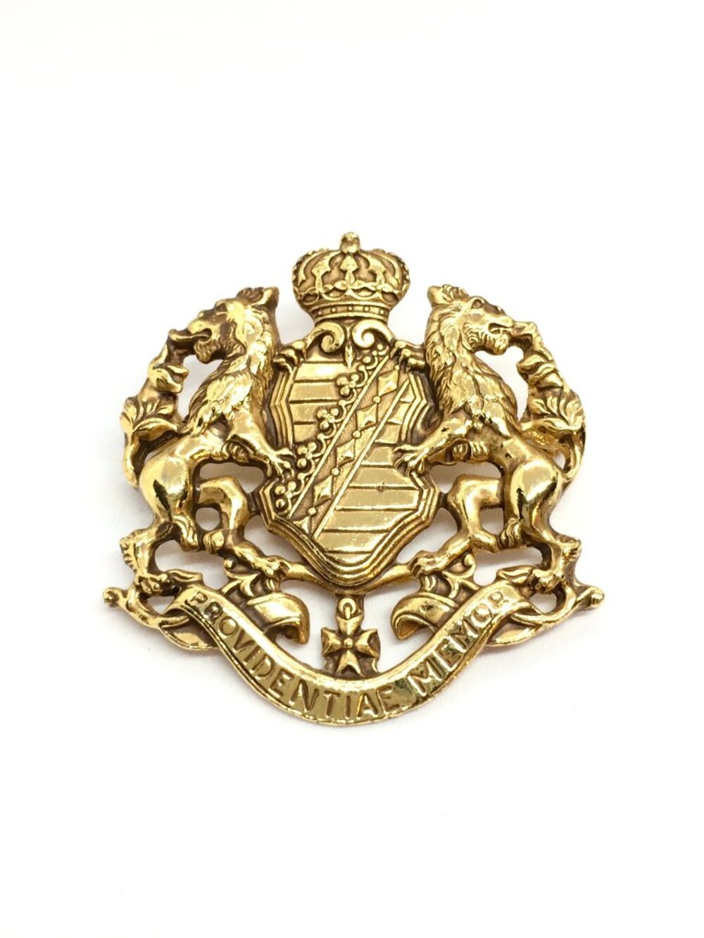 VINTAGE PAQUETTE BROOCH Heraldic Lion Crest Providentiae Memor Gold Tone Signed